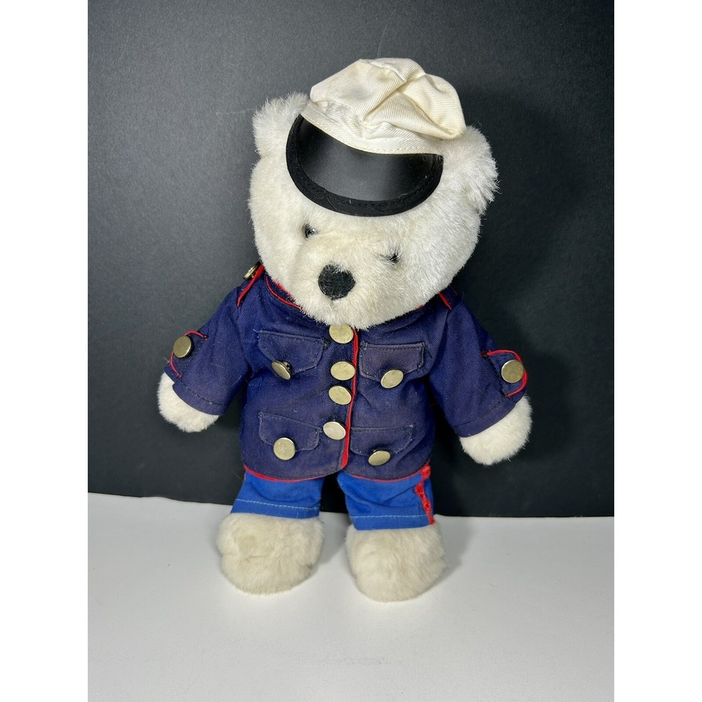 Vintage White 12" Teddy Bear Plush W/Blue & Red Outfit Military Sugar‎ Loaf